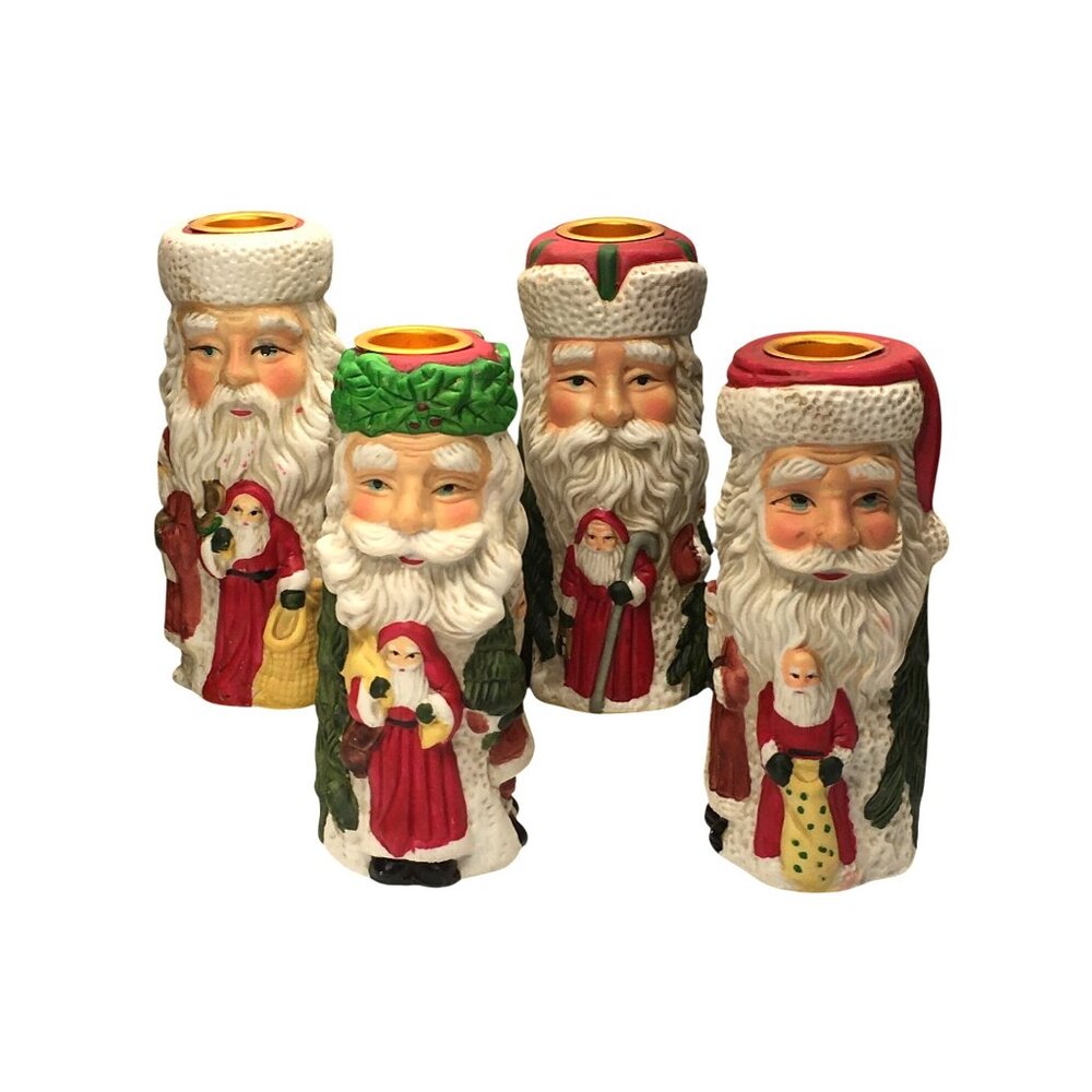 Vtg Holly Tree Santa Claus Candle Holders Christmas Decor New w/ Box - Set of 4